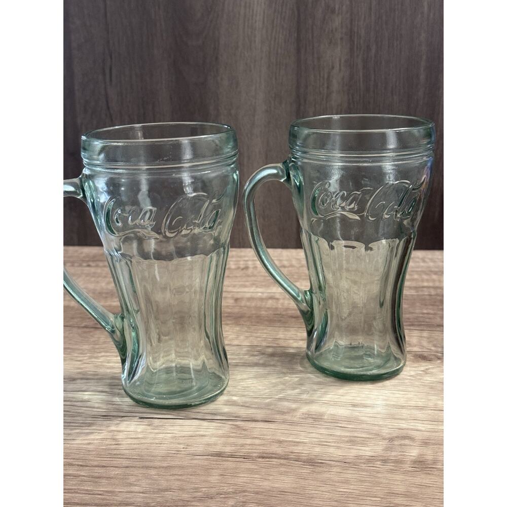 Vtg Indiana Glass 2 Coca Cola Embossed Light Green Glass Mug Handle 6 3/8” Coke